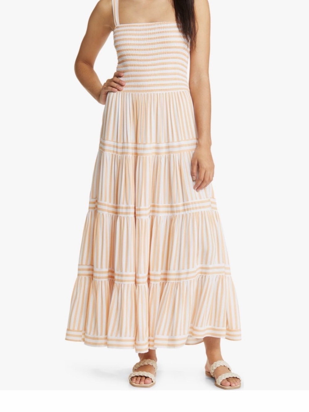 Nordstrom Peach and White Striped Tiered Maxi Dress